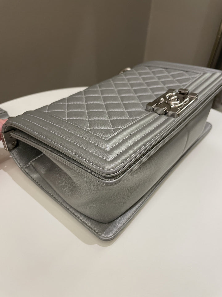 Chanel Quilted Boy Old Medium Silver Grey Caviar
