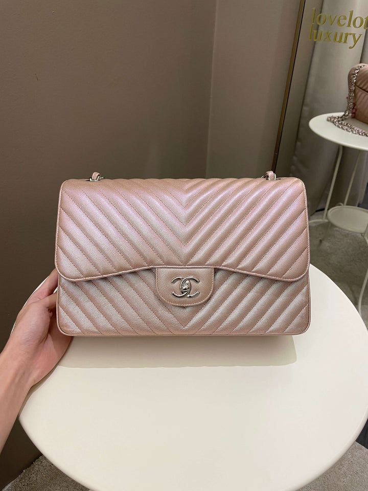 Chanel 17B Chevron Jumbo Double Flap Rose Gold Caviar