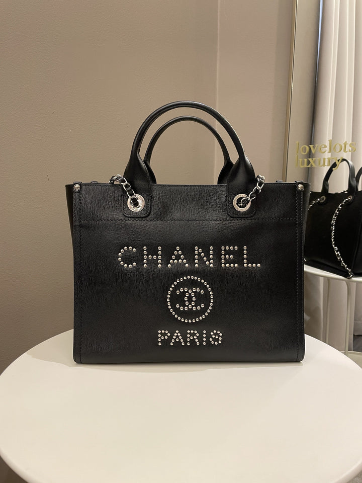 Chanel Studded Deauville Shopper Tote Black Caviar
