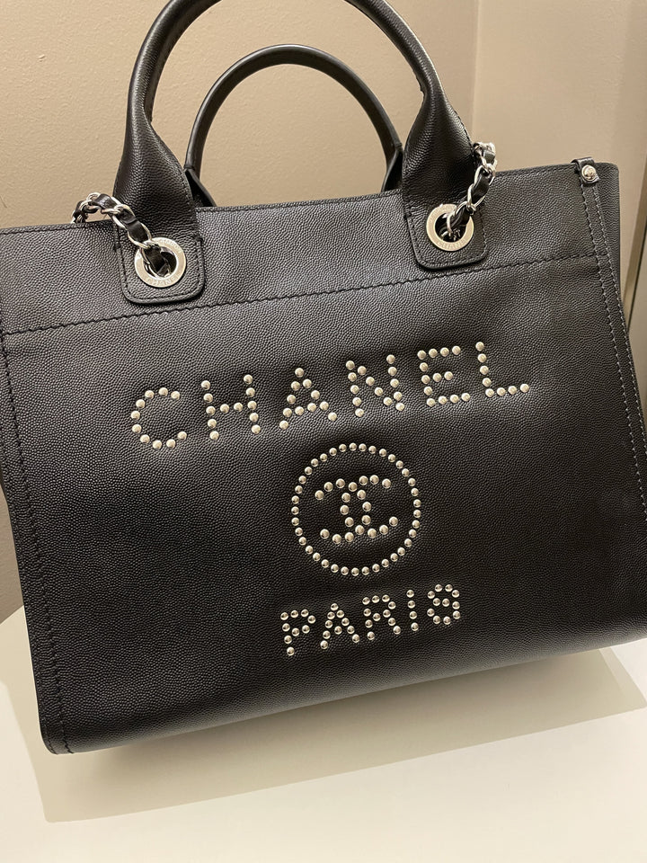 Chanel Studded Deauville Shopper Tote Black Caviar