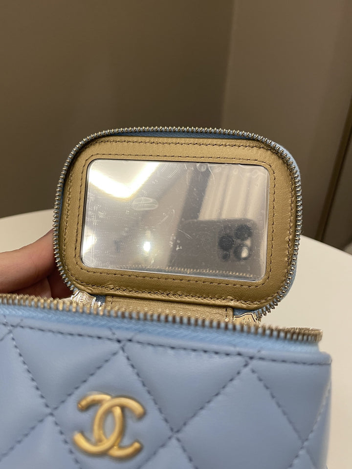 Chanel Quilted Pearl Crush Mini Vanity Cube Sky Blue Lambskin