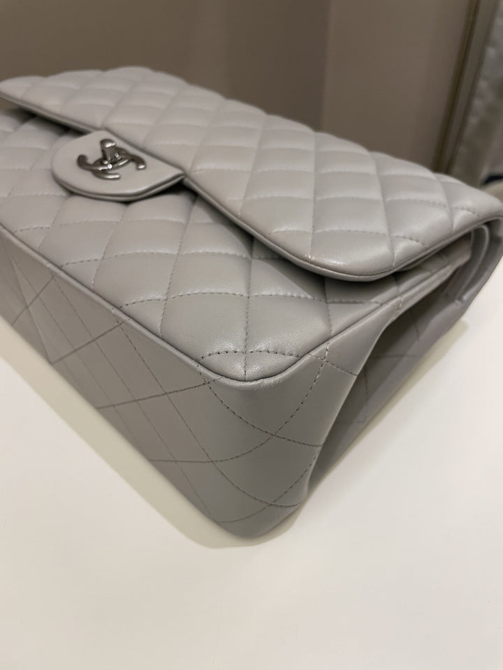 Chanel Classic Quilted Jumbo Double Flap Grey Lambskin