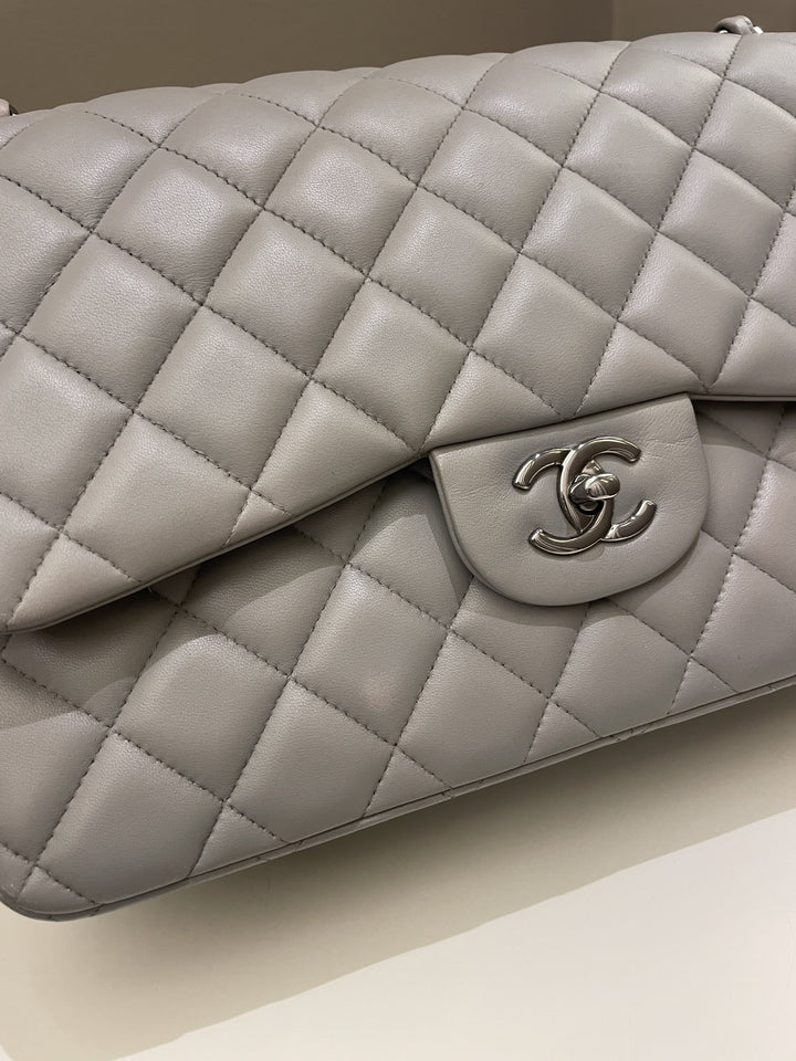 Chanel Classic Quilted Jumbo Double Flap Grey Lambskin