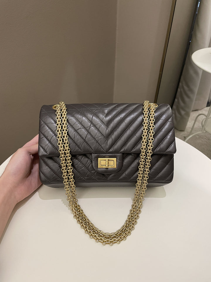 Chanel 2.55 225 Chevron Reissue Double Flap Dark Grey Aged Calfskin