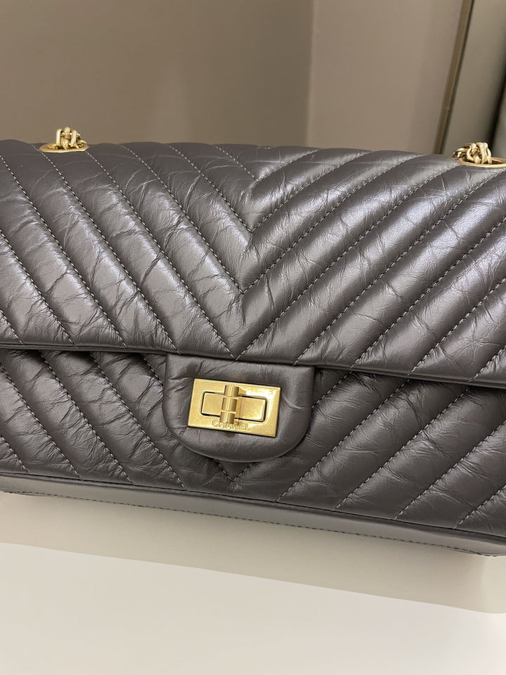 Chanel 2.55 225 Chevron Reissue Double Flap Dark Grey Aged Calfskin