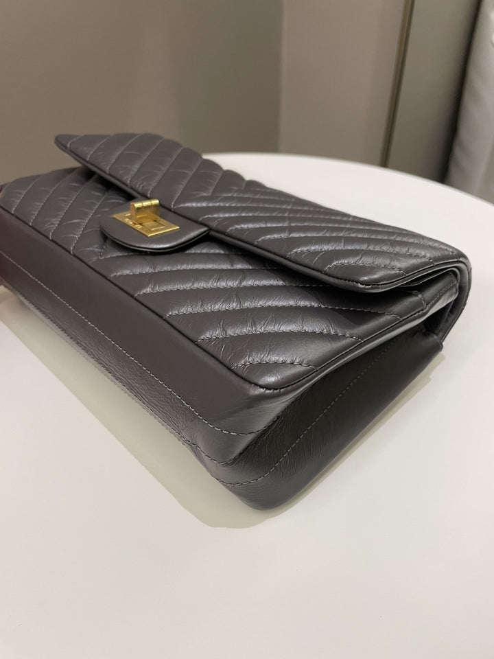 Chanel 2.55 225 Chevron Reissue Double Flap Dark Grey Aged Calfskin