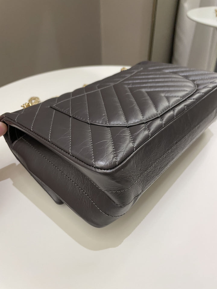 Chanel 2.55 225 Chevron Reissue Double Flap Dark Grey Aged Calfskin