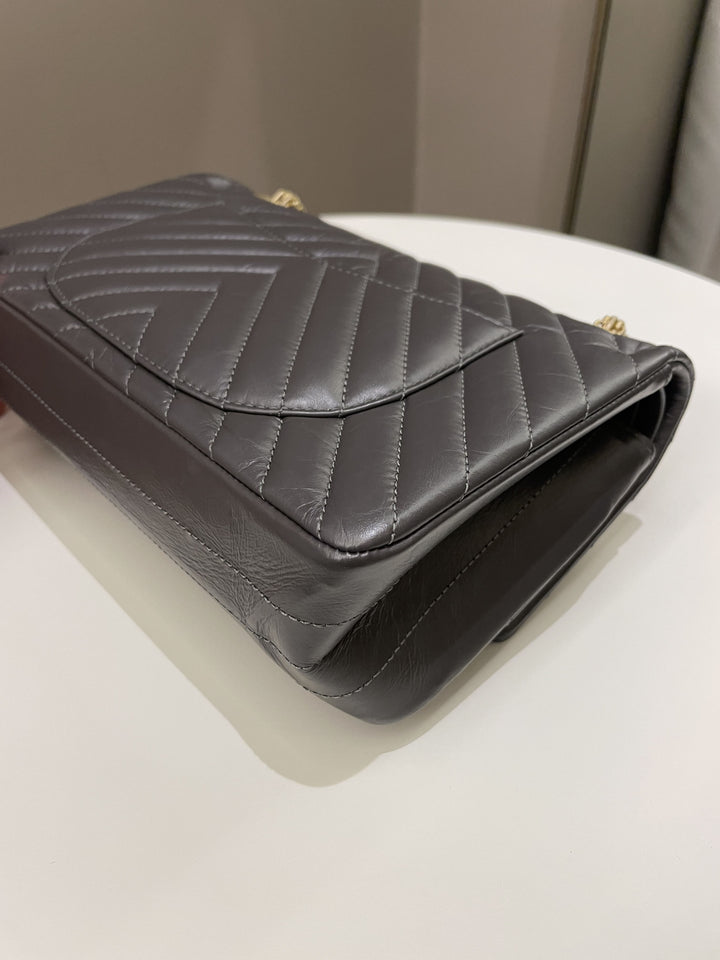 Chanel 2.55 225 Chevron Reissue Double Flap Dark Grey Aged Calfskin
