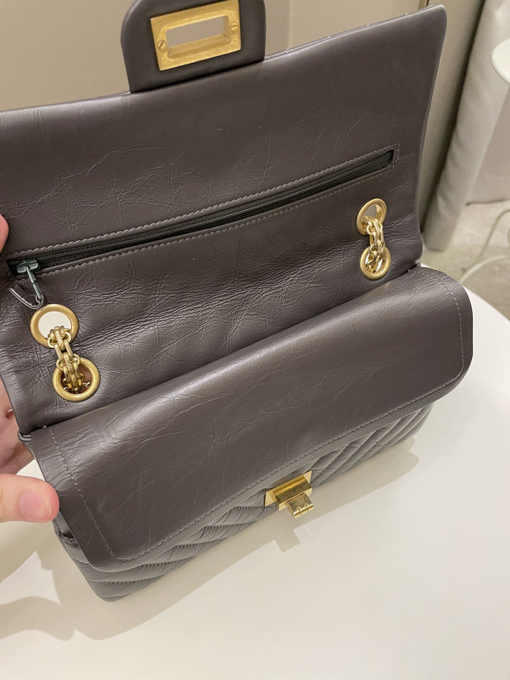 Chanel 2.55 225 Chevron Reissue Double Flap Dark Grey Aged Calfskin