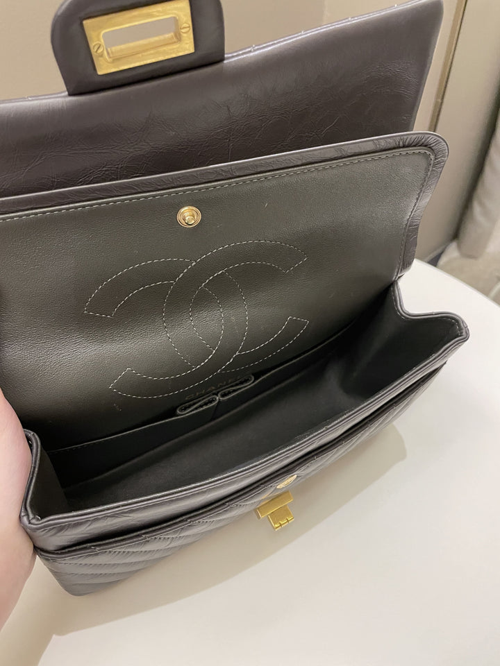 Chanel 2.55 225 Chevron Reissue Double Flap Dark Grey Aged Calfskin