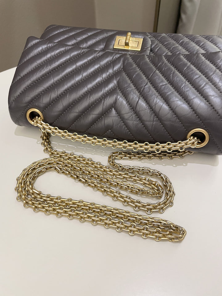 Chanel 2.55 225 Chevron Reissue Double Flap Dark Grey Aged Calfskin
