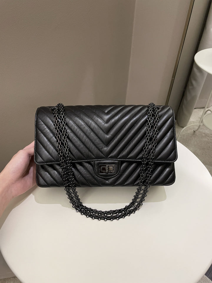 Chanel 2.55 226 So Black Chevron Reissue Double Flap Black Aged Calfskin