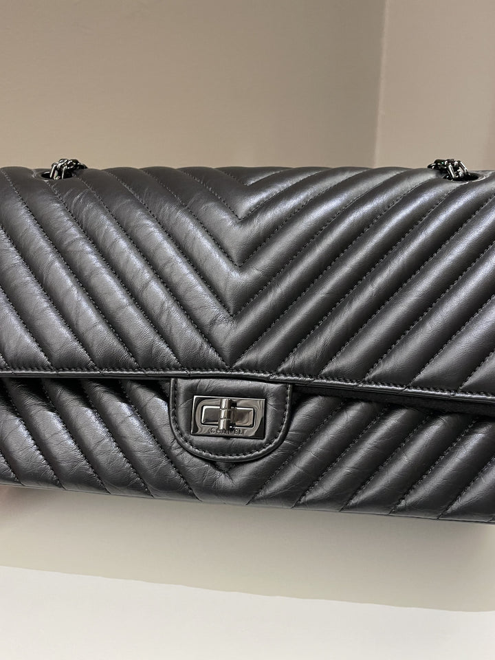 Chanel 2.55 226 So Black Chevron Reissue Double Flap Black Aged Calfskin