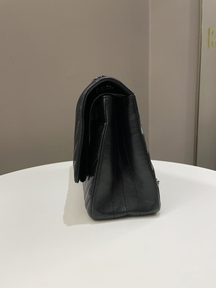 Chanel 2.55 226 So Black Chevron Reissue Double Flap Black Aged Calfskin