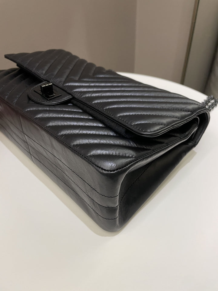 Chanel 2.55 226 So Black Chevron Reissue Double Flap Black Aged Calfskin