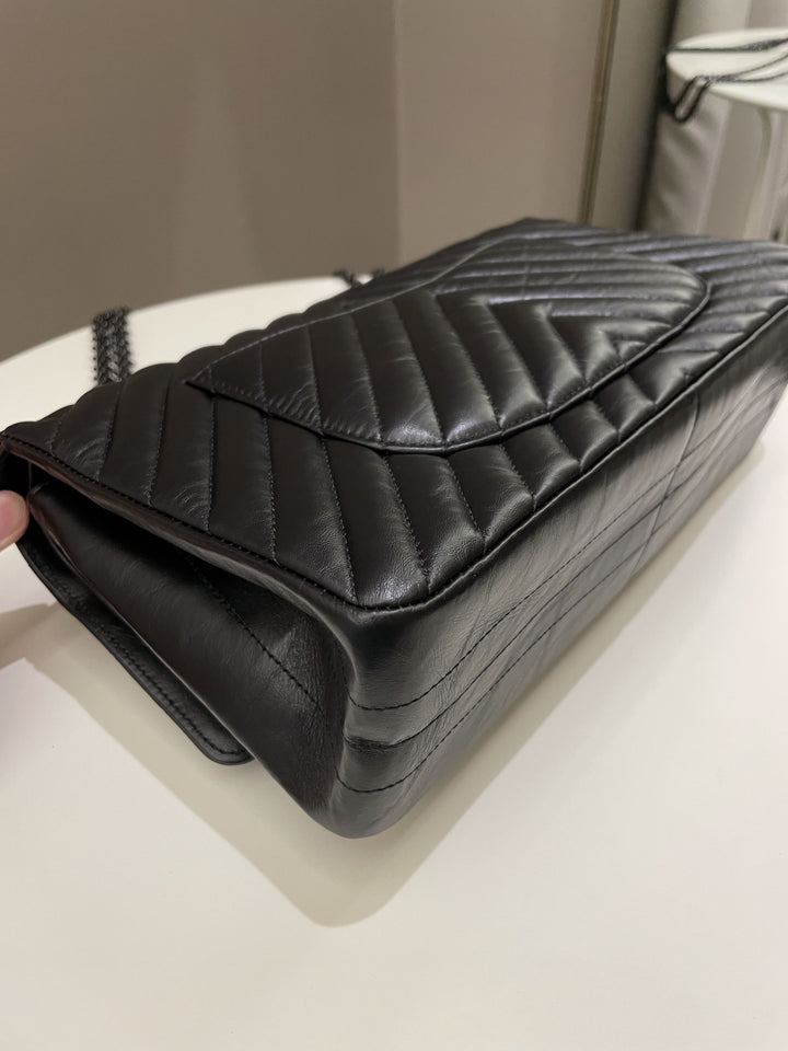 Chanel 2.55 226 So Black Chevron Reissue Double Flap Black Aged Calfskin