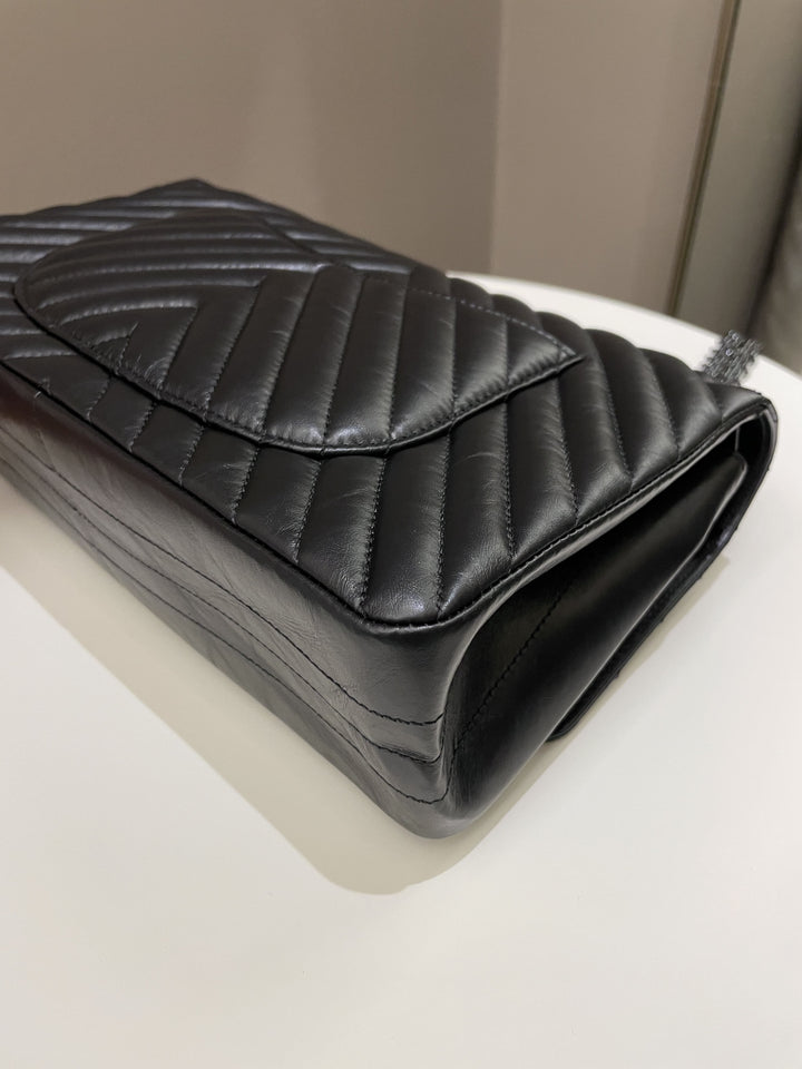 Chanel 2.55 226 So Black Chevron Reissue Double Flap Black Aged Calfskin