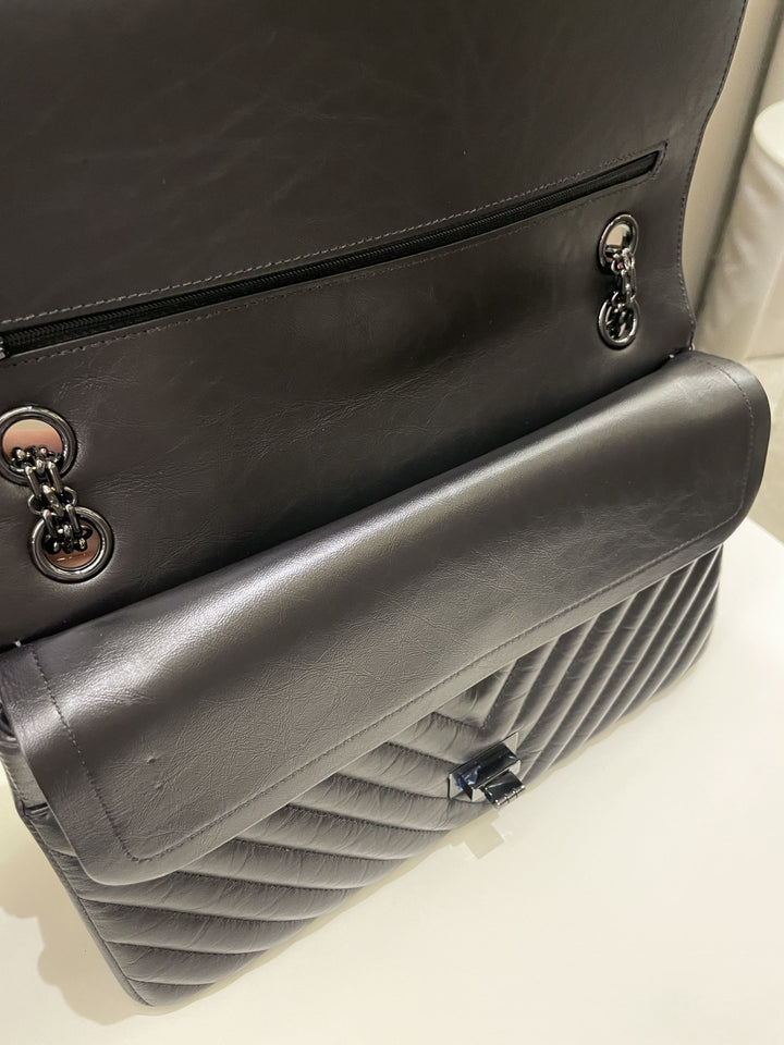 Chanel 2.55 226 So Black Chevron Reissue Double Flap Black Aged Calfskin