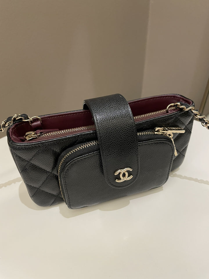 Chanel 22B Quilted Phone Holder With Chain Black Caviar