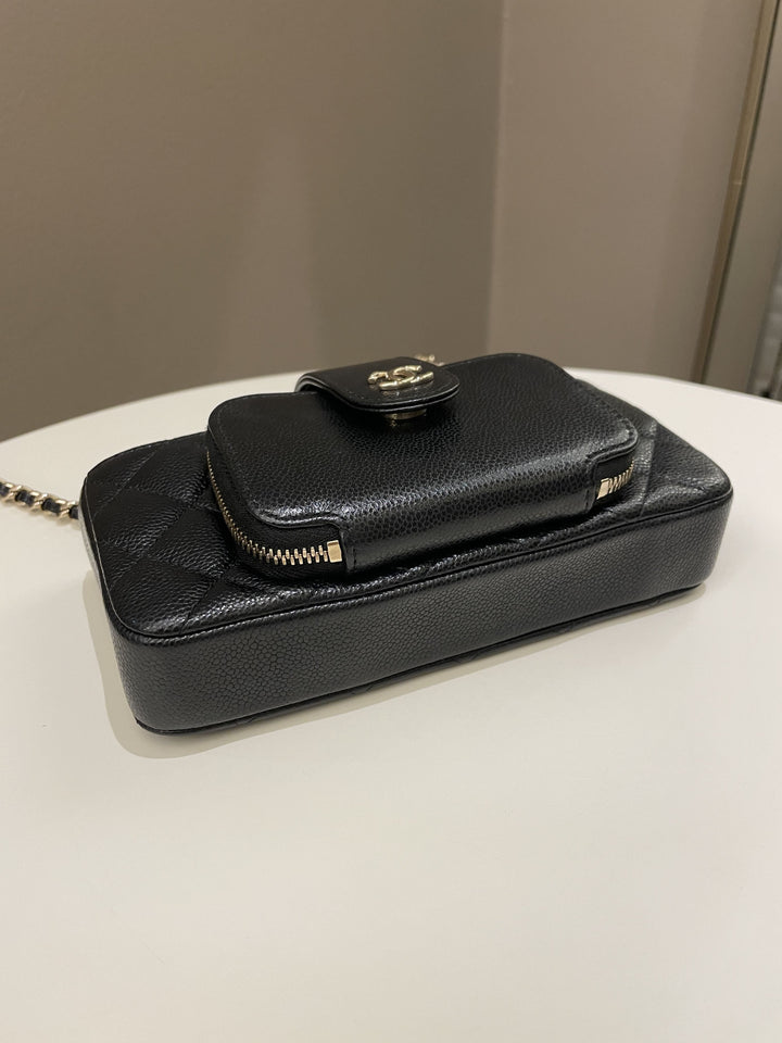 Chanel 22B Quilted Phone Holder With Chain Black Caviar