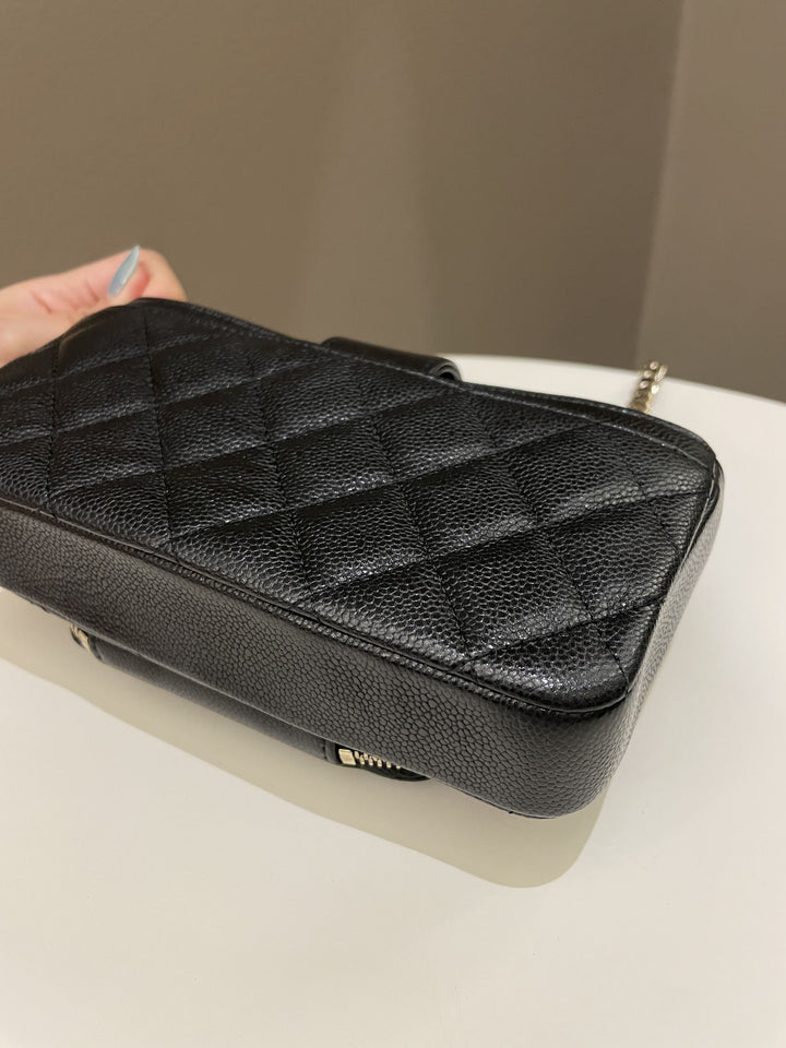 Chanel 22B Quilted Phone Holder With Chain Black Caviar