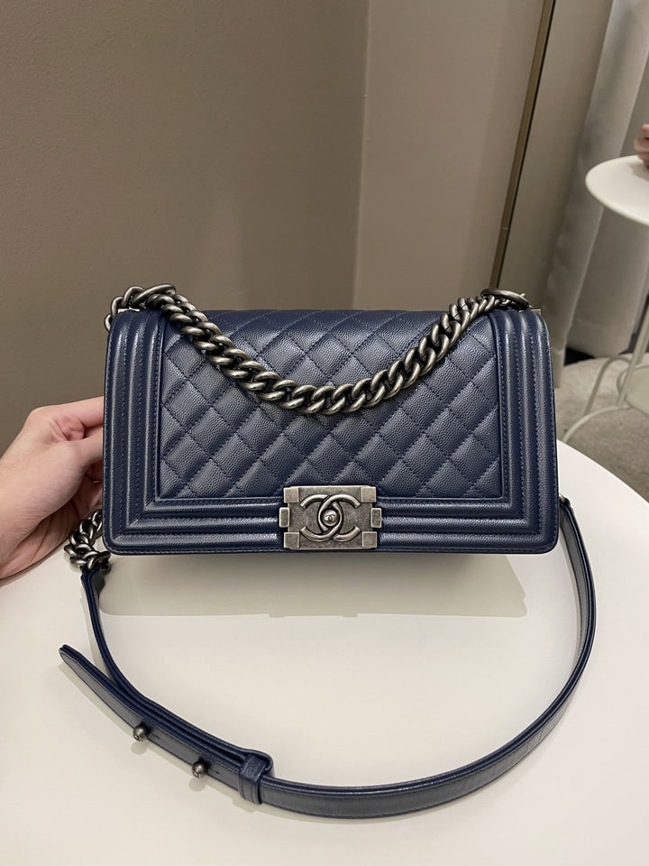 Chanel Quilted Boy Old Medium Navy Caviar