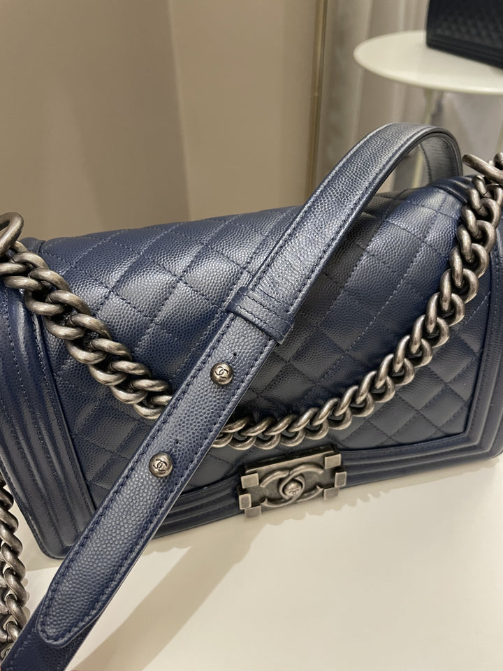 Chanel Quilted Boy Old Medium Navy Caviar
