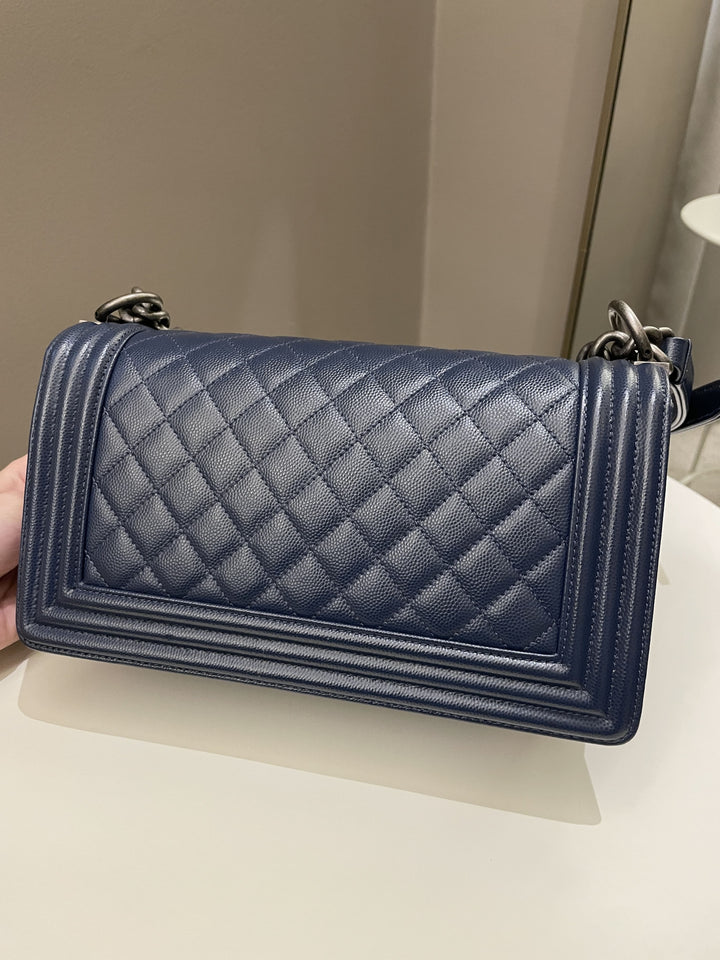Chanel Quilted Boy Old Medium Navy Caviar