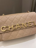 Chanel C H A N E L Lettering Flap Dark Beige Calfskin