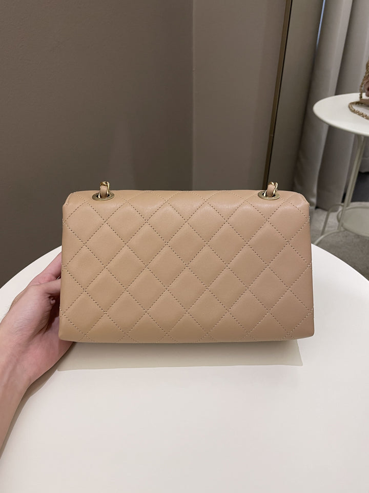 Chanel C H A N E L Lettering Flap Dark Beige Calfskin