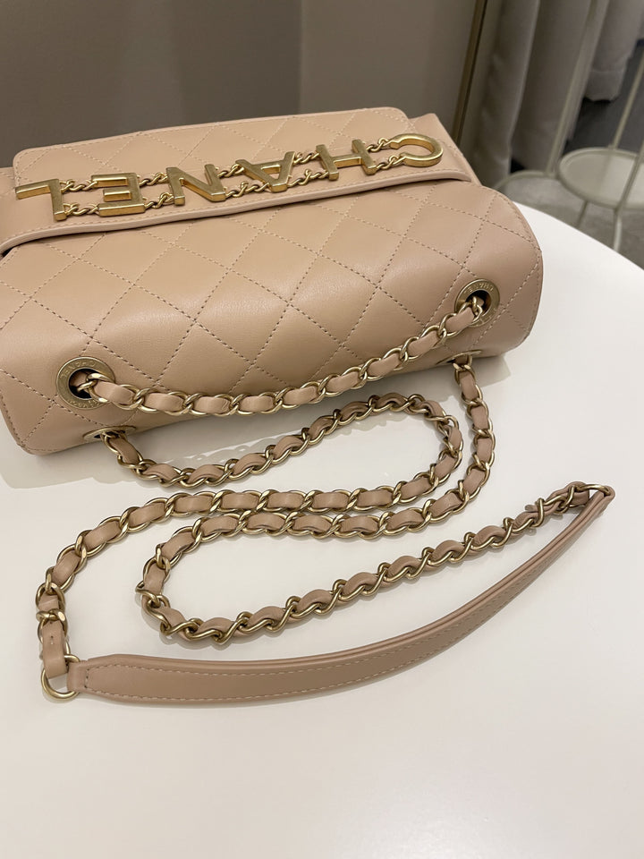 Chanel C H A N E L Lettering Flap Dark Beige Calfskin
