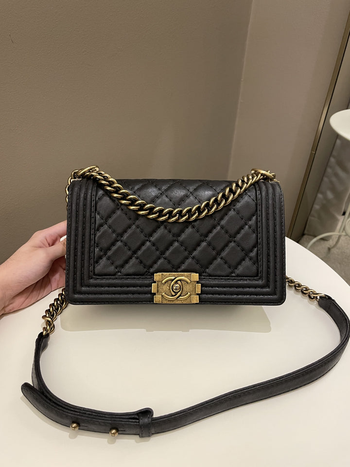 Chanel Quilted Stitch Boy Old Medium Black Calfskin