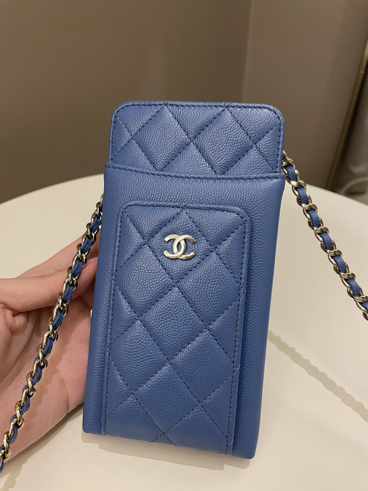 Chanel Quilted Phone Holder with Chain Paradise Blue Caviar