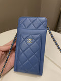Chanel Quilted Phone Holder with Chain Paradise Blue Caviar