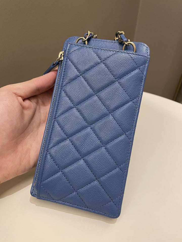 Chanel Quilted Phone Holder with Chain Paradise Blue Caviar