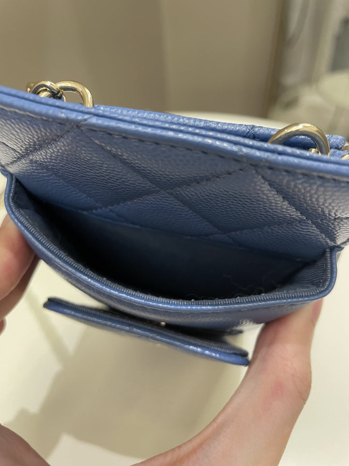 Chanel Quilted Phone Holder with Chain Paradise Blue Caviar
