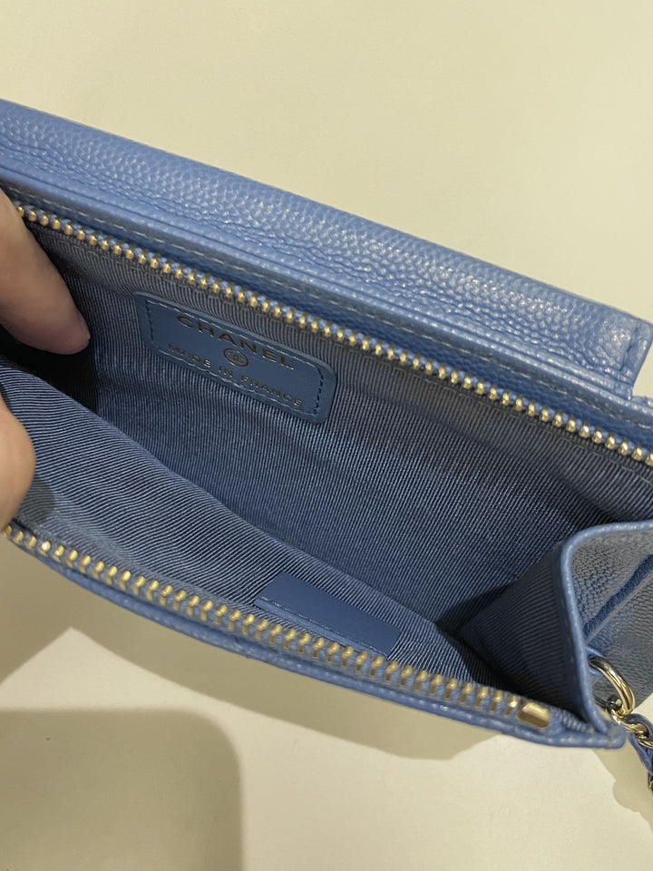 Chanel Quilted Phone Holder with Chain Paradise Blue Caviar