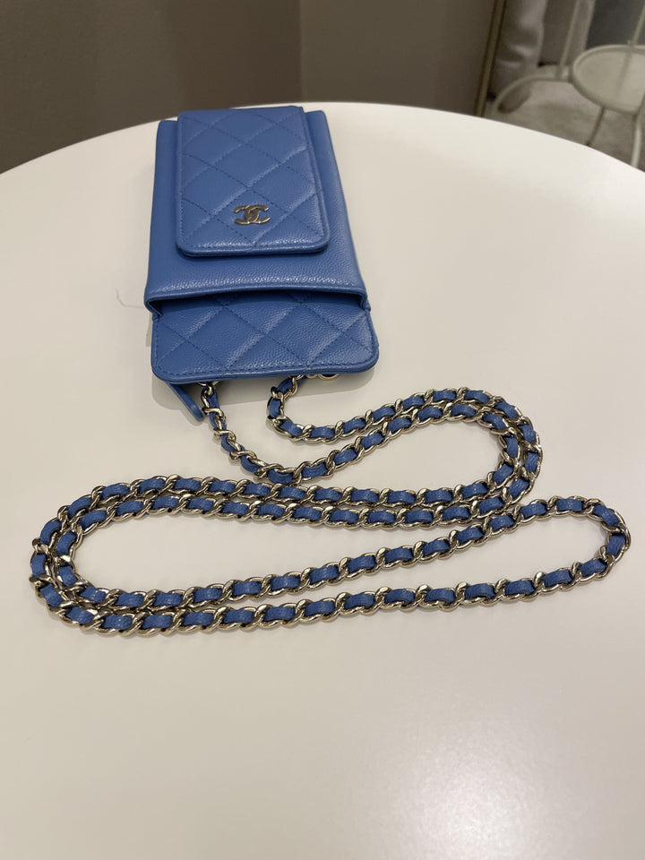 Chanel Quilted Phone Holder with Chain Paradise Blue Caviar