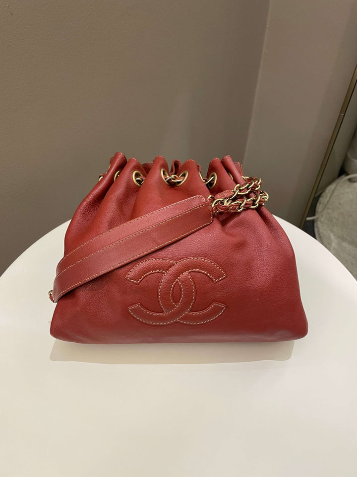Chanel Vintage Cc Drawstring Bucket Burned Red Calfskin