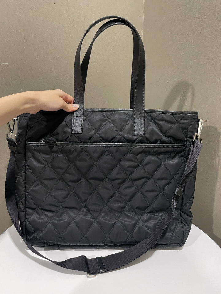 Prada Quilted Double Front Pocket Tote Black Nylon
