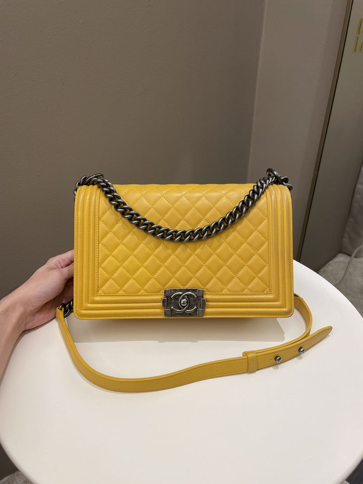 Chanel Quilted New Medium Boy Yellow Lambskin