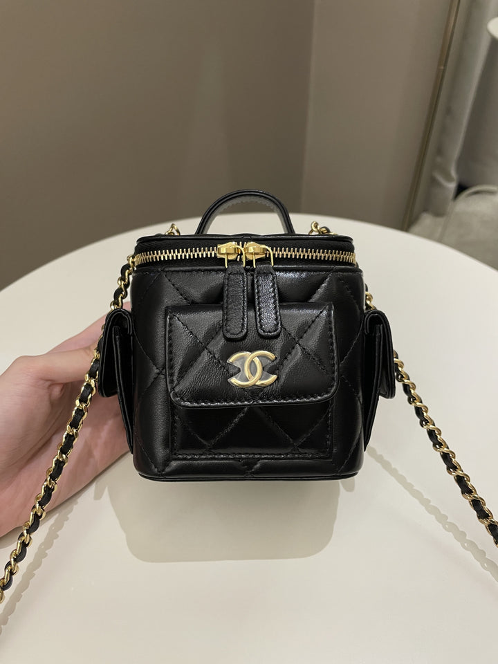 Chanel Vanity Square Top Handle Cargo Pocket Black Lambskin