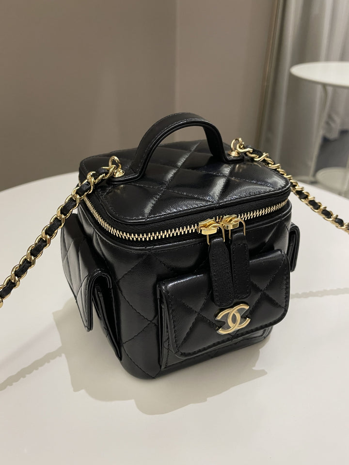 Chanel Vanity Square Top Handle Cargo Pocket Black Lambskin