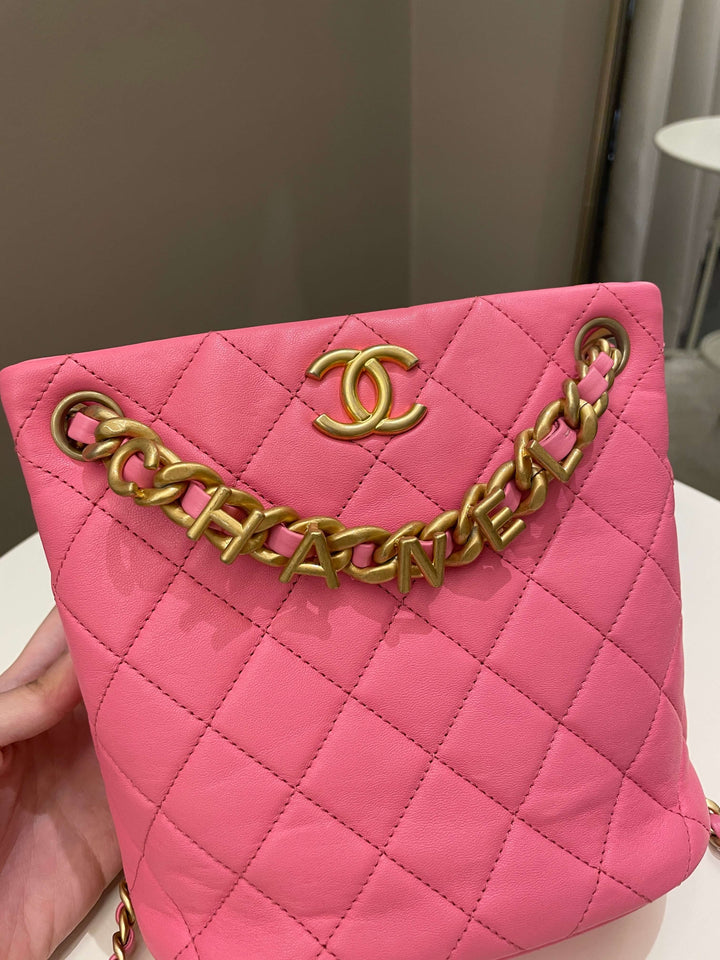 Chanel 23P Drawstring Bucket Bag Pink Stiff Lambskin