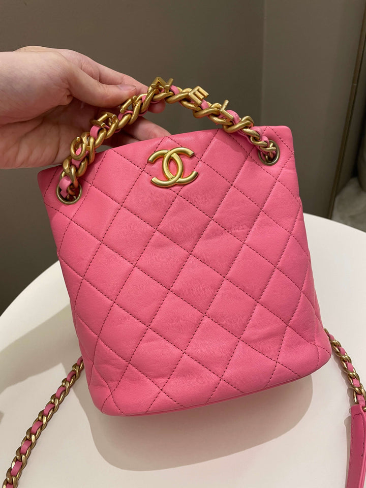 Chanel 23P Drawstring Bucket Bag Pink Stiff Lambskin