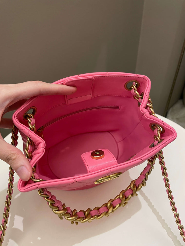 Chanel 23P Drawstring Bucket Bag Pink Stiff Lambskin