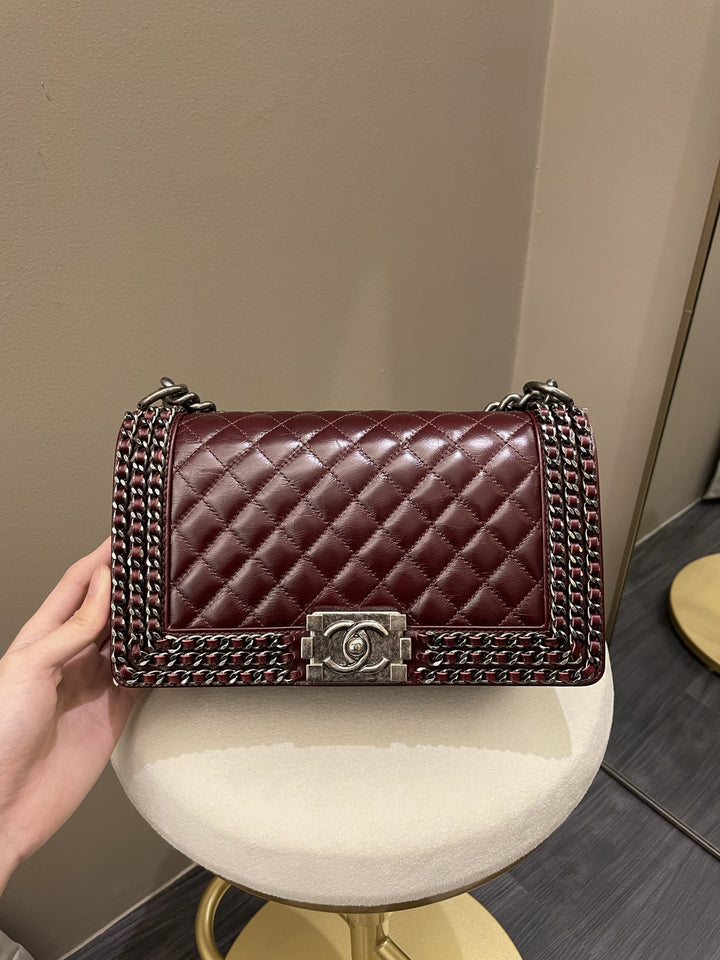 Chanel Quilted Old Medium Chained Boy Bag Burgundy Aged Calfskin