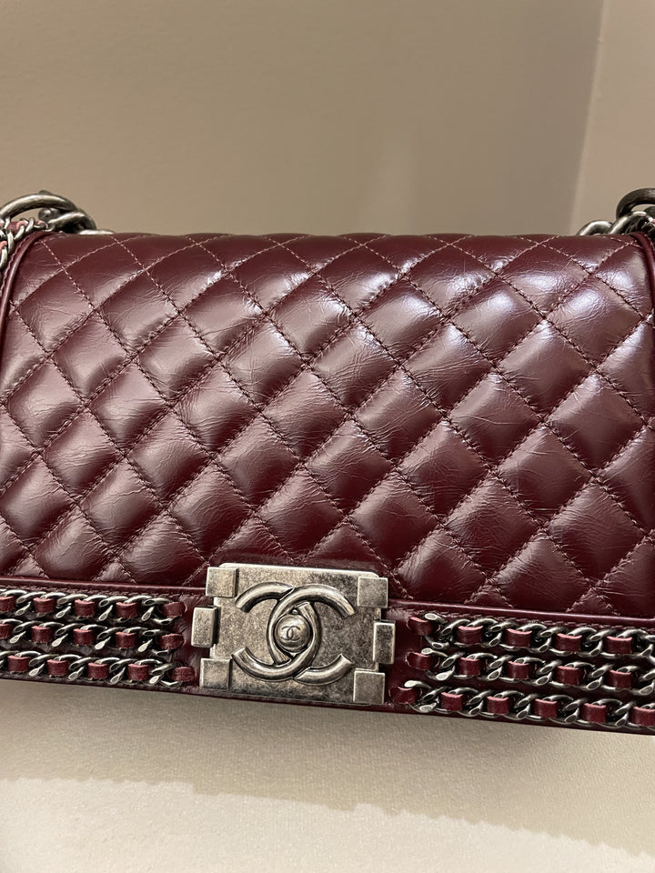 Chanel Quilted Old Medium Chained Boy Bag Burgundy Aged Calfskin