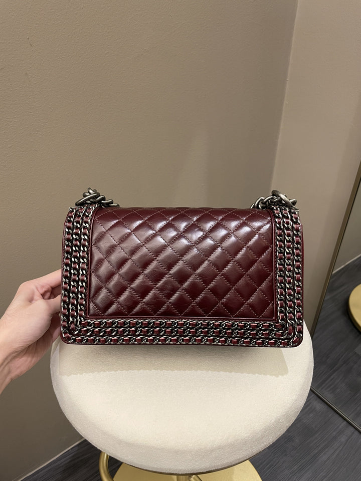Chanel Quilted Old Medium Chained Boy Bag Burgundy Aged Calfskin