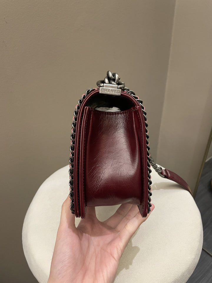 Chanel Quilted Old Medium Chained Boy Bag Burgundy Aged Calfskin